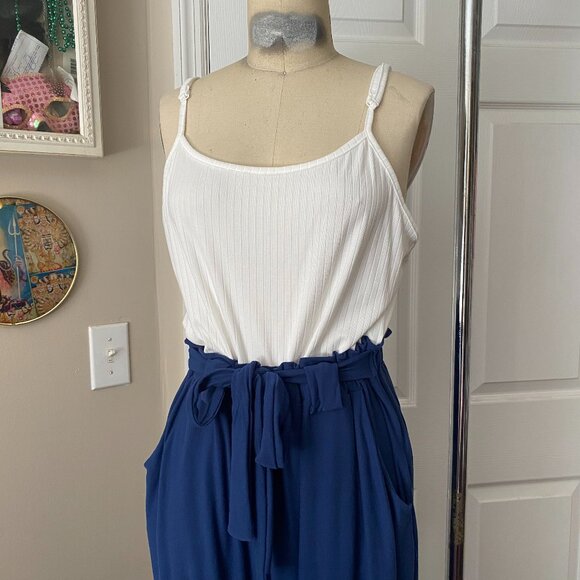 JOLIE & JOY White Blue Smocked Ribbed Knit Color-block Jumpsuit Romper *LARGE* - Picture 2 of 6